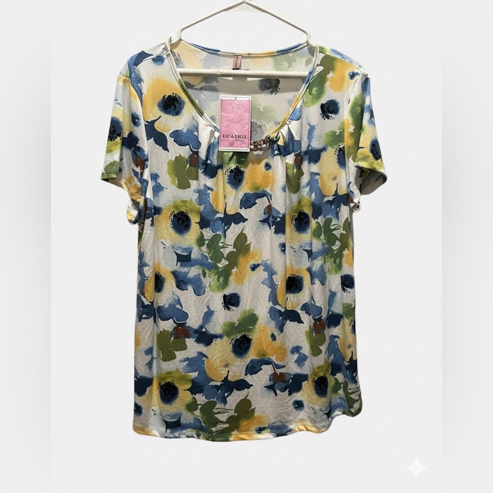 Liz & Lilli Blue & Yellow Floral Pleat Front Blouse - Size 2X - NWT